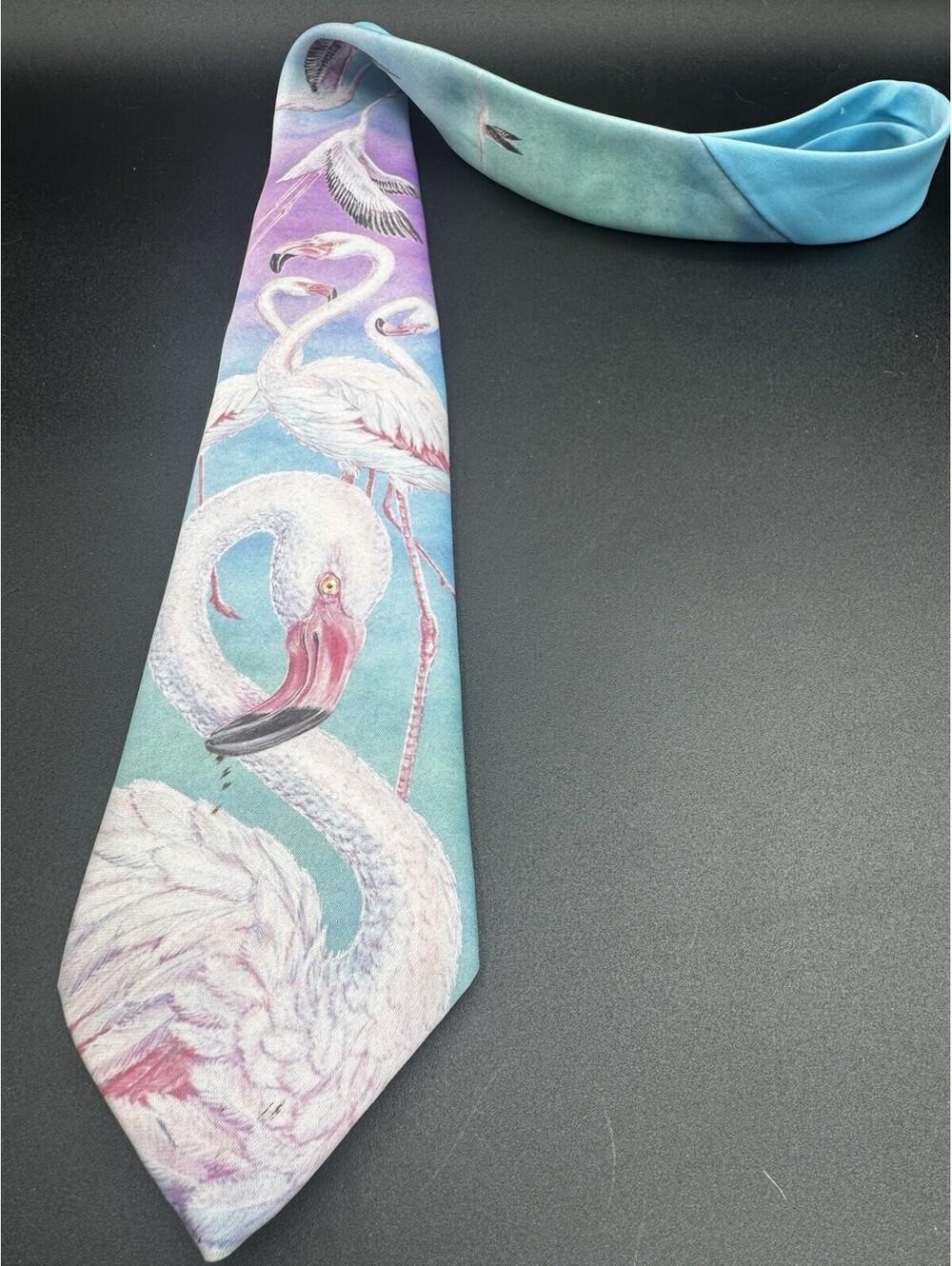 Vintage Ralph Marlin Flamingo Necktie Pastel Tropical Bird Art Tie USA Made